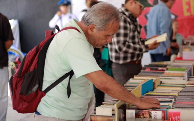 Visitante revisa libros durante el 22º Gran Remate de Libros, Discos y Películas en el Monumento a la Revolución