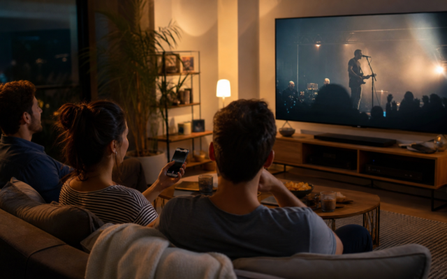 Tres personas miran un concierto en una televisión conectada mientras una usa un teléfono como segunda pantalla