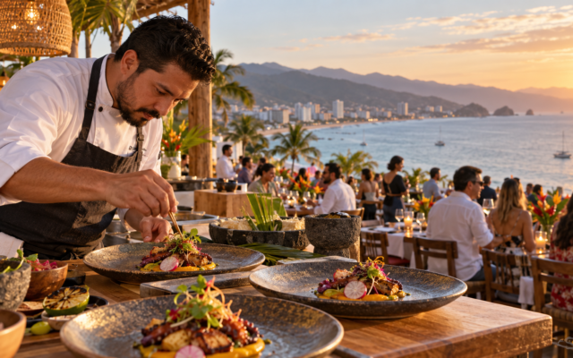 Chef presenta un platillo mexicano en un evento gastronómico junto a la costa de Puerto Vallarta