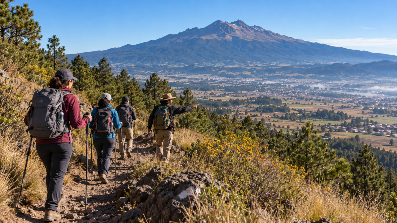 Excursionistas recorren un sendero de montaña cerca de Huamantla con una guía local
