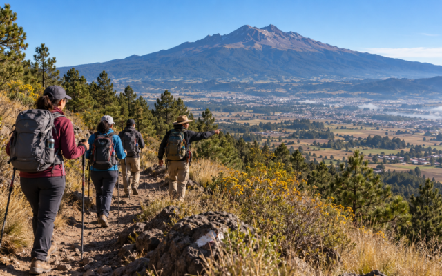 Excursionistas recorren un sendero de montaña cerca de Huamantla con una guía local